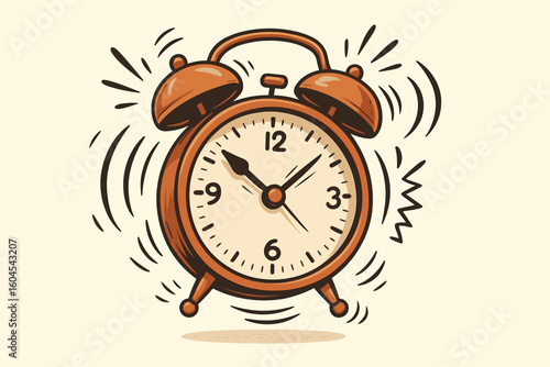 Ringing alarm clock vector icon. Vintage retro clock jumping and making loud noise. Wake up call illustration. Morning, deadline, time management and urgency concept.