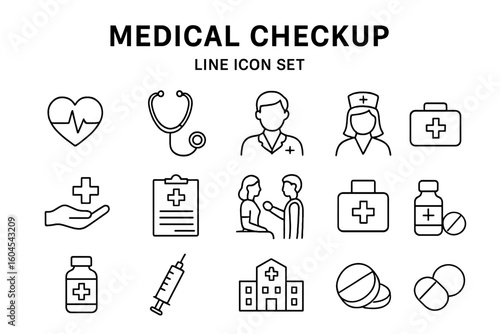 Medical Checkup Line Icon Set. Healthcare Outline Icons: Medicine, Doctor, Nurse, Hospital, First Aid, Medical Care, Health Services, Clinic Visit, Treatment, Vaccination, Prescription, Pills