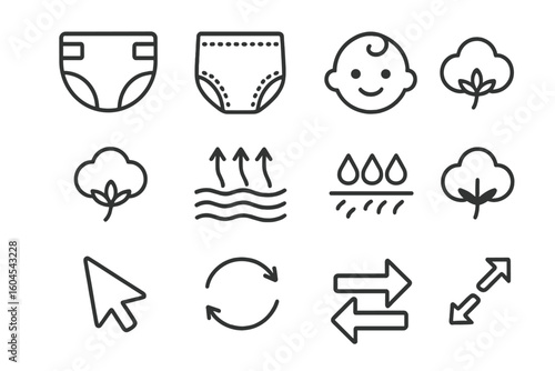 Diaper and baby pants line icons set. Baby care, newborn hygiene. Absorbent, breathable, cotton, and soft material features. Vector pictogram collection for packaging.