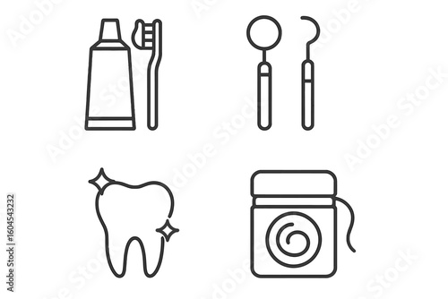 Dental care and oral hygiene line icon collection. Vector set with dentist tools, toothbrush, toothpaste, and floss. Healthy tooth and stomatology pictogram for infographics.