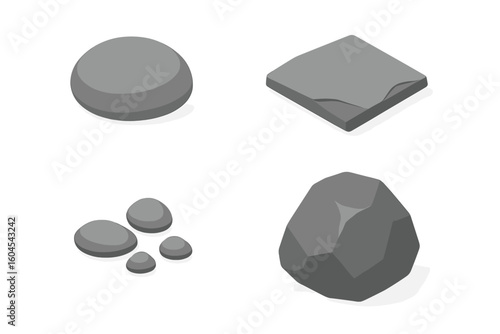 Isometric stone and rock icon set. A collection of four flat design vector elements. Includes river rock, slate slab, pebbles cluster, and a large boulder illustration.