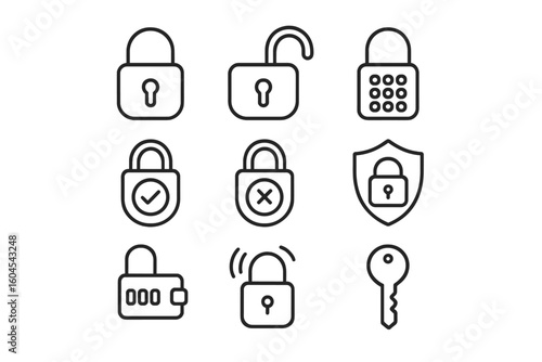 Lock line icon set. Padlock, key, and security symbols. Open, closed, and unlocked pictograms. Combination code, password, and alarm vector icons for protection concept.