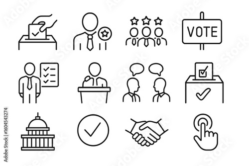 Election line icon set. Voting, politics and government symbols. Includes ballot box, political candidate, debate, campaign and democracy pictogram collection. Vector.
