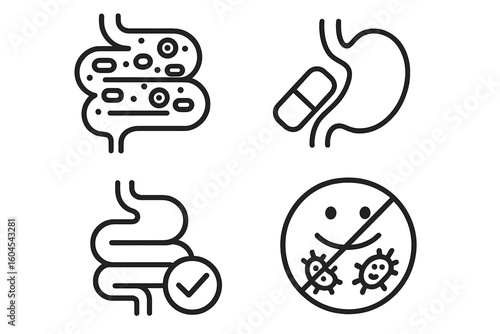 Probiotics and prebiotics line icon set. Gut flora, microbiome, and digestive system health. Stomach, intestines, capsule, beneficial bacteria, and enzyme supplement vector icons.