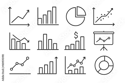 Business data analytics and finance statistics icon set. Collection of vector outline graphs, charts, and diagrams for infographic, web presentation, and reports.