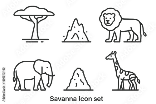 Savanna icon set. African safari animals and nature elements. Minimalist line art collection with lion, elephant, giraffe, acacia tree, and termite mound icons.