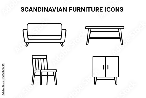 Scandinavian furniture icons. Outline icon set of minimalist furniture. Modern Danish Nordic style. Vector illustration of sofa, table, chair, cabinet for interior design.