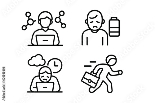 Workaholic and workaholism thin line icon set. Professional burnout, tired, overworked, and busy concept. Stress, pressure, deadline, exhaustion pictogram. Low energy.