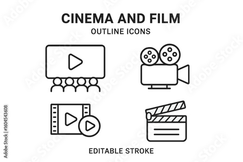 Cinema and film outline icon set. Movie production and entertainment pictograms. Includes film camera, clapperboard, screen with audience, and play button. Editable stroke vector.