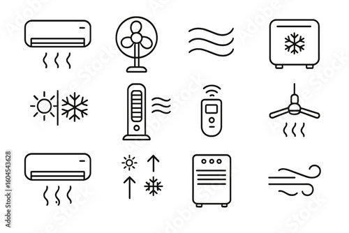 Air conditioning and heating line icon set. Climate control, ventilation, cooler, fan, and air circulation vector icons. HVAC equipment pictogram collection for web and apps.