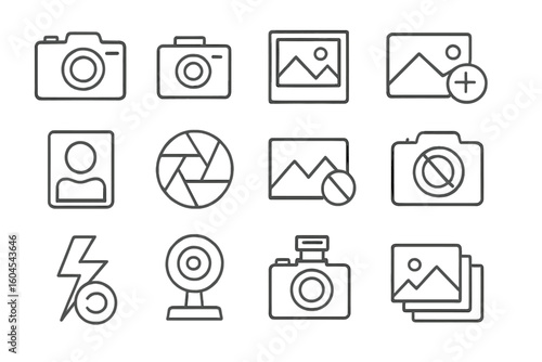 Photography camera and photo line icon set. Outline vector icons for web and mobile. Conceptual pictogram collection with aperture, flash, gallery, and user profile symbols.