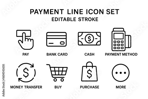 Payment line icon set with editable stroke. Finance and shopping symbols. Includes pay, bank credit card, cash, money transfer, buy, purchase, and POS terminal icons.