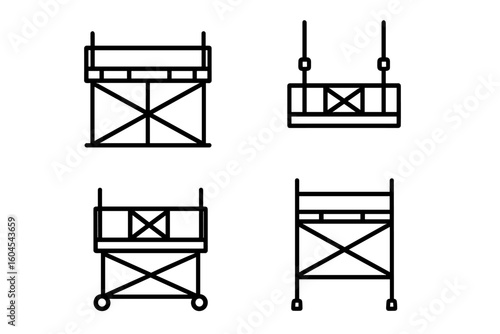Scaffold icon set of 4. Construction scaffolding outline pictograms. Supported, suspended, and rolling scaffold types. Building site equipment vector symbols for work.