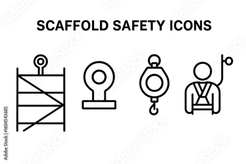 Scaffold safety icons set. Outline icon collection of fall protection systems, lifeline anchor, and personal fall limiter. Vector illustration of a worker in a safety harness.