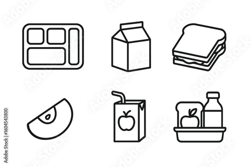 School lunch outline icon set. Vector collection of simple food symbols for education and nutrition. Includes cafeteria tray, milk carton, sandwich, apple, and juice box.