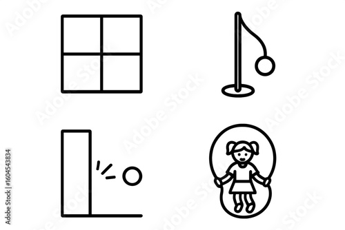 Schoolyard games icon set. Vector line art of foursquare, tetherball, wall ball, and double dutch jump rope. Playground recess activities for children. Simple minimal design.