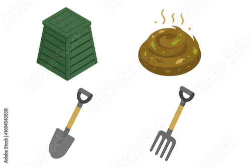 Compost icon set with bin, fertilizer pile, shovel, and pitchfork. Isometric vector illustration for gardening, organic waste recycling, and sustainable agriculture.