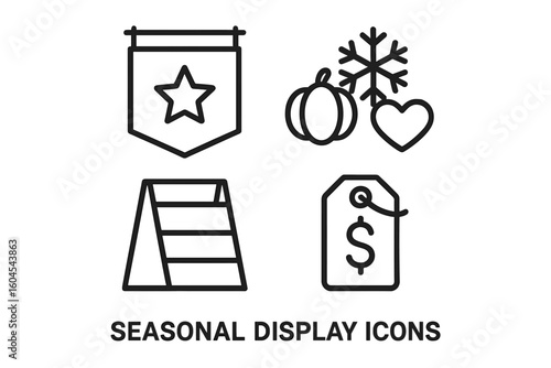 Seasonal merchandising icon set for holiday retail promotion. Outline vector symbols of store display stand, sale price tag, banner, pumpkin, snowflake, and heart.