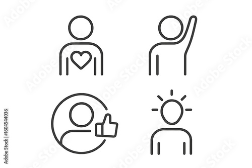 Core values line icon set. Positive personal qualities and character traits. Empathy, creativity, approval, proactivity thin line symbols. Vector pictogram collection.