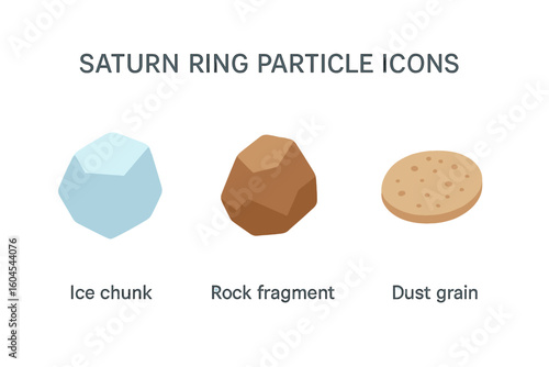 Saturn ring particle icons. Isometric flat vector set of space elements. Astronomy composition with ice chunk, rock fragment, and dust grain. Science illustration.