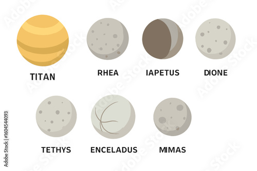 Saturn's major moons vector icon set. Flat design illustration of Titan, Rhea, Iapetus, Dione, Tethys, Enceladus, Mimas. Astronomy and science education graphic elements.