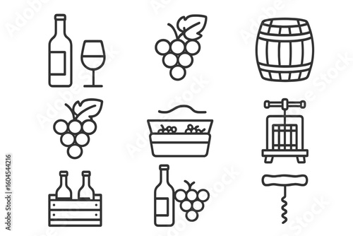 Wine and winemaking outline icon set. Vector collection of winery symbols like grape, bottle, glass, barrel, press, corkscrew. Linear pictogram for viticulture illustration.