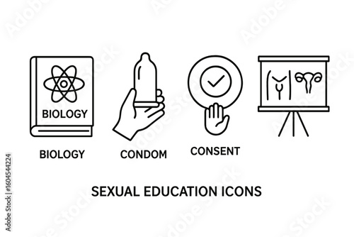 Sexual education outline icon set. Vector icons for sex ed, including biology book, condom for safe sex and contraception, consent symbol, and female anatomy chart.