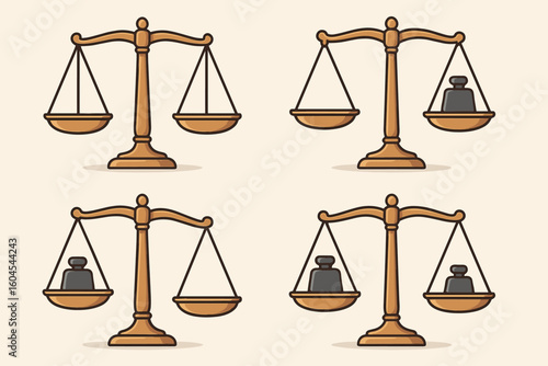 Set of vector balance scales showing equilibrium and imbalance. Justice, law, and comparison concept. Weighing equal and unequal weights. Flat cartoon illustration icon set.