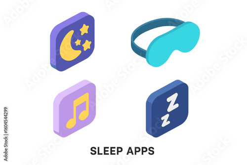 Sleep apps icon set for wellness and health. Isometric flat icons for relaxation and meditation. Moon, stars, sleep mask, lullaby music note and ZZZ for good night.
