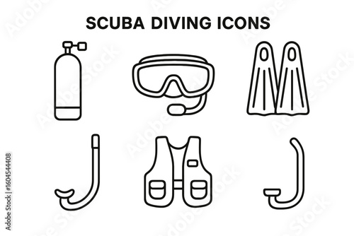 Scuba diving outline icon set. Vector collection of diver equipment symbols like tank, mask, fins, snorkel, BCD. Underwater adventure sport gear on transparent background.