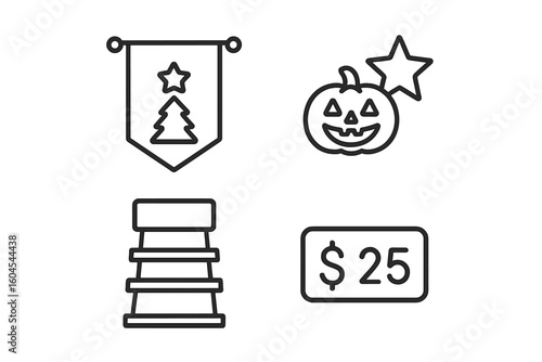 Seasonal retail and holiday shopping outline icon set. Vector symbols for merchandising including Christmas banner, Halloween pumpkin, display stand, and price tag.