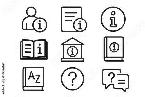 Information and info line icon set. Instruction, rule, guide, info center, manual, reference book, dictionary, help, support, FAQ and more. Outline icon collection.