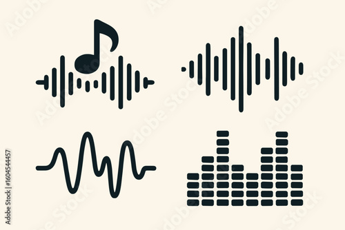 Sound wave audio vector elements. Set of music and voice frequency symbols. Waveform and equalizer bar icon collection. Digital audio spectrum and soundwave graphics.
