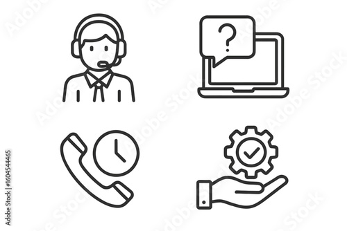 Customer service icon set. Call center operator, online help, 24-7 support, quality service icons. Thin line vector symbols for website, app, contact us page, and helpdesk.