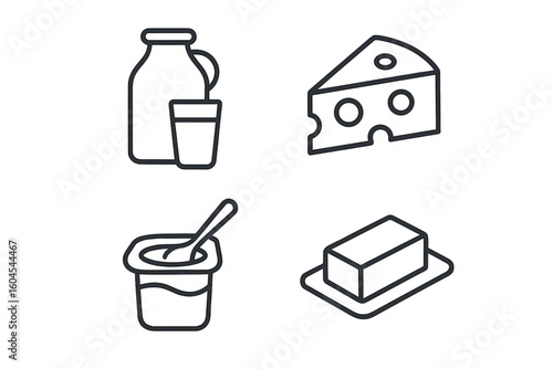 Dairy products icon set in thin line style. Milk bottle, glass, cheese wedge, yogurt cup, and butter stick. Vector food symbols for grocery, farm, or breakfast design.