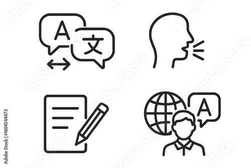 Language and translation linear icon set. Foreign language learning, speech, writing, and linguistics skills. Multilingual communication and translator outline icons.