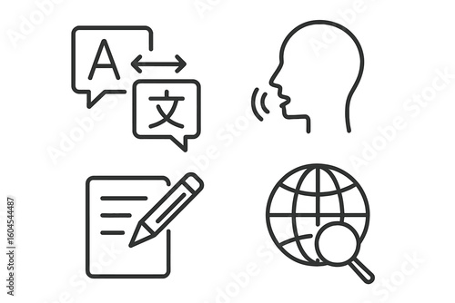 Language translation icon set. Icons for speech, writing, linguistics, and global search. Thin line vector symbols for communication skills, e-learning and translator app.