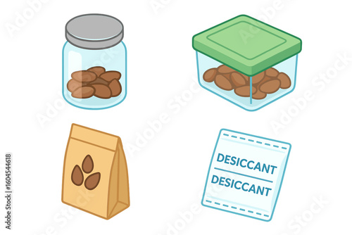 Seed storage isometric icons set. Seed saving and preservation concept with glass jar, airtight container, desiccant packet. Vector illustration for gardening, farming.