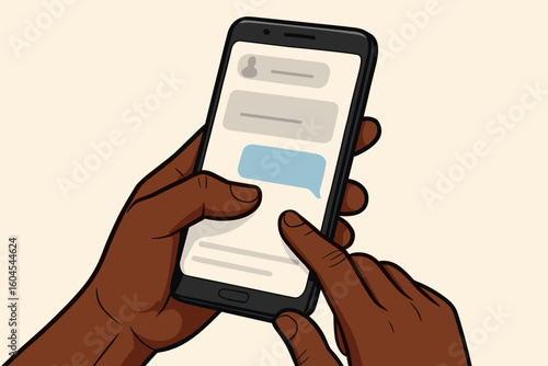 African American hand holding smartphone texting. Dark skin hand using mobile phone touchscreen. Online chat, social media concept. Flat cartoon vector illustration.