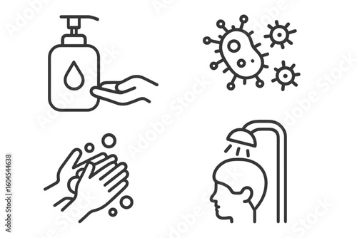 Personal hygiene icon set. Thin line vector symbols for cleanliness, disease prevention, and health. Includes hand washing, sanitizer, shower, bacteria, and virus icons.