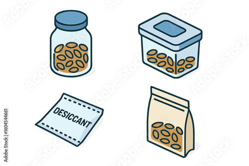 Seed storage methods isometric icon set. Vector illustration of seed saving and preservation concepts with glass jar, airtight container, and desiccant for viability.