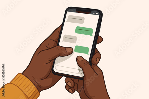 African American hand holding smartphone texting, chatting via messenger app. Dark skin fingers touch mobile screen. Vector illustration of social media on light background