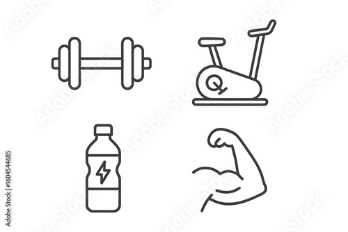 Fitness and Gym Vector Icon Set. Dumbbell, Exercise Bike, Energy Drink Bottle, Flexing Arm Muscle. Linear Style Sports Equipment, Workout, Gym Activity, Health and Wellness Concept Illustration