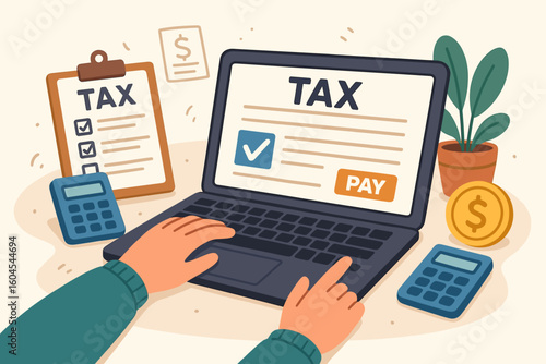 Online tax filing and payment concept illustration. User hands typing on laptop tax form with pay button, calculators, tax checklist clipboard, coin and houseplant. Digital e-filing workspace vector