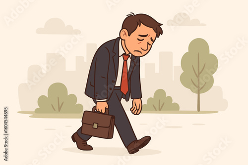 Exhausted sad businessman walking home through city park after work, lonely office worker with briefcase, slumped posture, burnout depression fatigue concept vector illustration