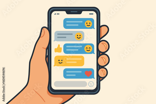 Hand holding smartphone with colorful chat bubbles, emojis, thumb and heart icons, messaging mobile app interface, cartoon vector illustration, online text conversation concept