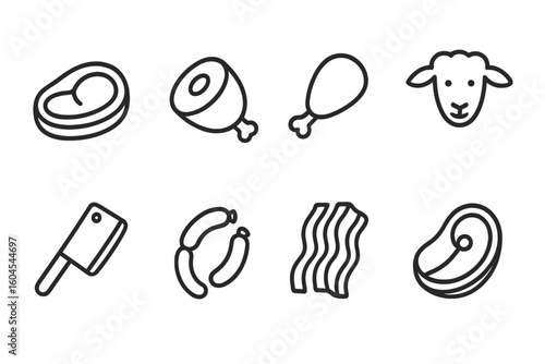 Meat products linear icons collection. Beef steak, pork ham, chicken leg, lamb, sausage, bacon. Butcher shop food symbols for menu, app, website. Vector outline illustration.