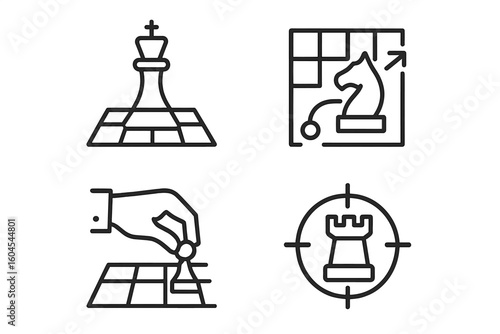 Chess game line icon set for business strategy and competition. Vector icons of king, knight, and rook for success plan, management, and leadership. Editable pictogram.