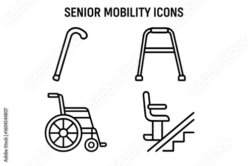 Senior mobility aids icon set. Outline vector symbols for accessibility and elder care. Includes walking cane, walker, wheelchair, and stairlift for disabled assistance.