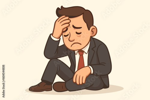 Depressed businessman sitting on floor after failure, sad office worker hand on forehead in despair, financial stress, burnout, corporate setback, vector cartoon illustration